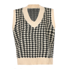 Oversized Fashion Women Knit Vest Sweater Houndstooth Print Loose V-Neck Sleeveless Side Vents Chic Tops Waistcoat Female Autumn