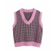 Oversized Fashion Women Knit Vest Sweater Houndstooth Print Loose V-Neck Sleeveless Side Vents Chic Tops Waistcoat Female Autumn