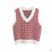 Oversized Fashion Women Knit Vest Sweater Houndstooth Print Loose V-Neck Sleeveless Side Vents Chic Tops Waistcoat Female Autumn