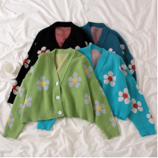 Preppy Style Flower Knit Cardigans Sweater Women V Neck Loose elegaht Thicked Pull Femme Print Short Casual Coat Preppy Style Flower Knit Cardigans Sweater Women V Neck Loose elegaht Thicked Pull Femme Print Short Casual Coat