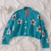 Preppy Style Flower Knit Cardigans Sweater Women V Neck Loose elegaht Thicked Pull Femme Print Short Casual Coat