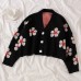 Preppy Style Flower Knit Cardigans Sweater Women V Neck Loose elegaht Thicked Pull Femme Print Short Casual Coat