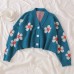Preppy Style Flower Knit Cardigans Sweater Women V Neck Loose elegaht Thicked Pull Femme Print Short Casual Coat