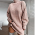 Turtleneck Long Sleeve Sweater Dress Women Autumn Winter Loose Tunic Knitted Casual Pink Gray Clothes Solid Dresses