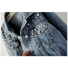 Fast Delivery New Summer Fashion Women’s Denim Jacket Full Sleeve Loose Button Pearls Short Lapel Wild Leisure