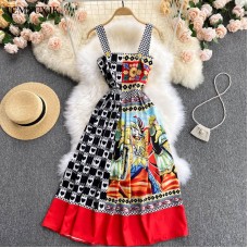 Summer Dresses Women Fashion Print Color Matching Slim Mid Length Suspender Off Shoulder Dress Summer Dresses Women Fashion Print Color Matching Slim Mid Length Suspender Off Shoulder Dress