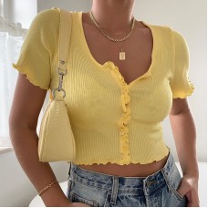 Sexy Women V-neck Short Sleeve Ruffle T-shirt Clubwear Buttons Bodycon Solid T-shirt Crop Tops Summer Outwear tee shirt femme