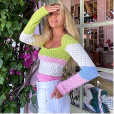FSDA Knitted Long Sleeve Crop Top Women Beach Autumn Summer Patchwork Vintage Green Casual T Shirts Sexy Fashion