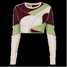 Nibber Round Neck Contrast Patchwork Long Sleeve Sexy Crop Tops Autumn Winter Women Fashion Streetwear Outifts Short T-shirt