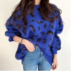 Korean Women's Sweater Chic Autumn Winter Lazy Round Neck Leopard Pattern Pullover Loose Skin Friendly Long Sleeve
