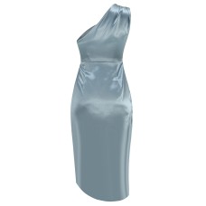 New Oblique Shoulder Waist Pleated Satin Nightclub Sexy Elegant Irregular Dress