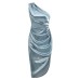 New Oblique Shoulder Waist Pleated Satin Nightclub Sexy Elegant Irregular Dress