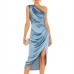 New Oblique Shoulder Waist Pleated Satin Nightclub Sexy Elegant Irregular Dress