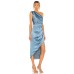 New Oblique Shoulder Waist Pleated Satin Nightclub Sexy Elegant Irregular Dress