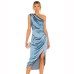 New Oblique Shoulder Waist Pleated Satin Nightclub Sexy Elegant Irregular Dress