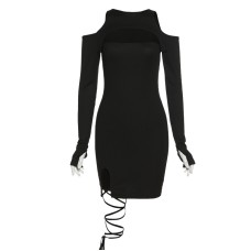 Spring And Summer New Women's Fashion Round Neck Sexy Hollow-Out Slim Slit Fork Strap Hip Dress