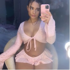 Spring And Summer New Women's Fashion Bell-Sleeved Sexy V-Neck Low-Cut T-Shirt Casual Ultra-Shorts Suit