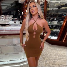 Spring/Summer New Women's Sexy Hollowed-Out Fashion Strappy Halterneck Slim Fit Hip Dress
