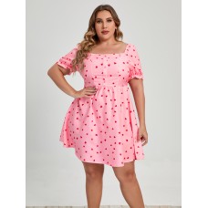 Pink Commuter Square Collar Plus Size Women's Love Printed Dress