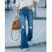 Popular Wash Micro Flare Stretch Ripped Jeans Women Trousers