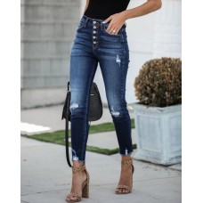 High Waist Vintage Breasted Fringe Small Foot Elastic Ripped Jeans Women's Trousers