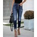 High Waist Vintage Breasted Fringe Small Foot Elastic Ripped Jeans Women's Trousers