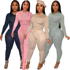 European And American Women Popular Solid Color Casual String Pocket Two Piece Set