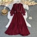 Travel Vacation Beach Dress V-Neck Temperament Ladies Stitching Lace Pleated Long Skirt