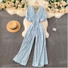 Jumpsuit Summer Women's New Temperament Wave Point V-Neck Slim High Waist Casual Wide-Leg Jumpsuit Trendy