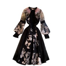 New Embroidered Flower Ostrich Hair Lace-Up Stitching Elegant Dress Dress Women