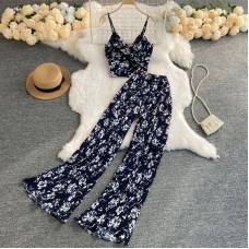 Sexy V-Neck Kink Suspender Crop Top High Waist Pleated Wide-Leg Pants Two-Piece Set Sexy V-Neck Kink Suspender Crop Top High Waist Pleated Wide-Leg Pants Two-Piece Set