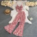 Sexy V-Neck Kink Suspender Crop Top High Waist Pleated Wide-Leg Pants Two-Piece Set