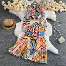Vintage Printed Long Sleeve Shirt Women High Waist Pleated Flowy Skirt Casual Versatile Chiffon Two Piece Suit