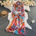 Vintage Printed Long Sleeve Shirt Women High Waist Pleated Flowy Skirt Casual Versatile Chiffon Two Piece Suit