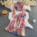 Vintage Printed Long Sleeve Shirt Women High Waist Pleated Flowy Skirt Casual Versatile Chiffon Two Piece Suit
