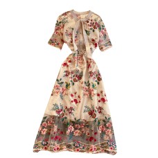 Hepburn Style Dress Ladies Temperament Lace Bow Neck Scheming Perspective Mesh Heavy Industry Embroidery Fairy Skirt