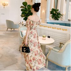 French Retro Floral Dress Women's Waist Is Thin And Sweet Temperament Goddess Fan Chiffon A-Line Dress