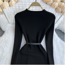 Elegant Knitted Stitching Dress Simple Temperament Round Neck Gradient Slim Fit Slim Mid-Length Skirt Women
