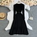 Elegant Knitted Stitching Dress Simple Temperament Round Neck Gradient Slim Fit Slim Mid-Length Skirt Women