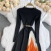 Elegant Knitted Stitching Dress Simple Temperament Round Neck Gradient Slim Fit Slim Mid-Length Skirt Women