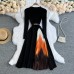 Elegant Knitted Stitching Dress Simple Temperament Round Neck Gradient Slim Fit Slim Mid-Length Skirt Women
