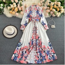 New Dress Lapel Trend Retro Print Early Autumn Long Sleeve Waist Thin Large Skirt Fairy Skirt