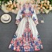 New Dress Lapel Trend Retro Print Early Autumn Long Sleeve Waist Thin Large Skirt Fairy Skirt