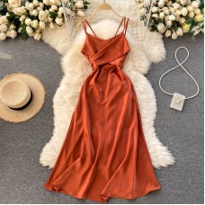 Vacation Travel Shooting Sling Dress Cross V-Neck Sexy Off-the-Shoulder Dinner Dress Slim Midi Dress