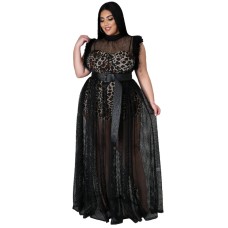 Plus Size Women's Temperament Perspective Sexy Mesh Long Dress Plus Size Dress Two Piece Suit