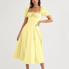 Summer Women's Puff Sleeves Solid Color Lace-Up High Slit Long Dress Summer Dress