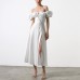 Summer Women's Puff Sleeves Solid Color Lace-Up High Slit Long Dress Summer Dress