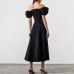 Summer Women's Puff Sleeves Solid Color Lace-Up High Slit Long Dress Summer Dress