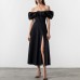 Summer Women's Puff Sleeves Solid Color Lace-Up High Slit Long Dress Summer Dress