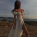 Summer Women's Puff Sleeves Solid Color Lace-Up High Slit Long Dress Summer Dress